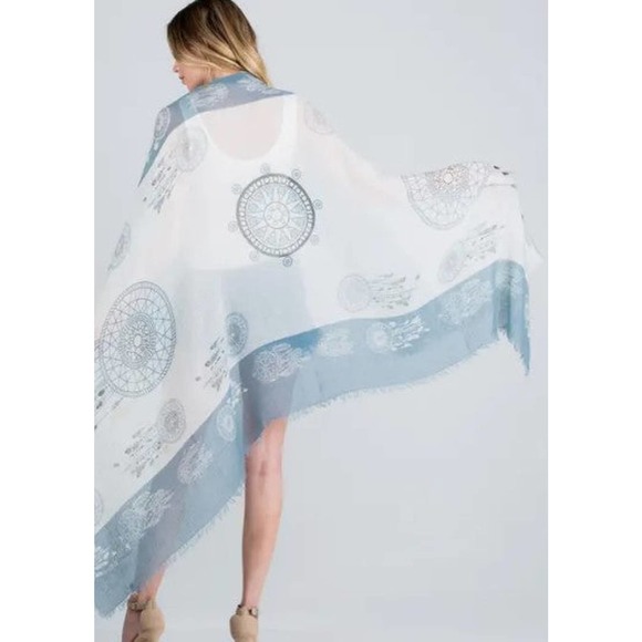 Light Blue White Dream Catcher Lightweight Frayed Scarf Wrap - Picture 6 of 7